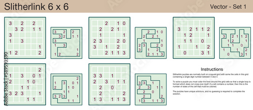 5 Slitherlink 6 x 6 Puzzles. A set of scalable puzzles for kids and adults, which are ready for web use or to be compiled into a standard or large print activity book. photo