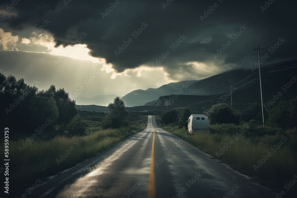 Road in the mountains at sunset. Caravan car on the road, Generative Ai