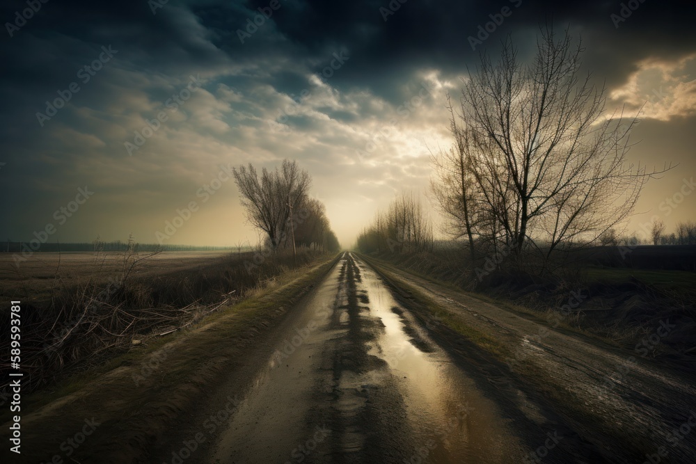 Dramatic stormy sky over a country road. HDR image, Generative Ai