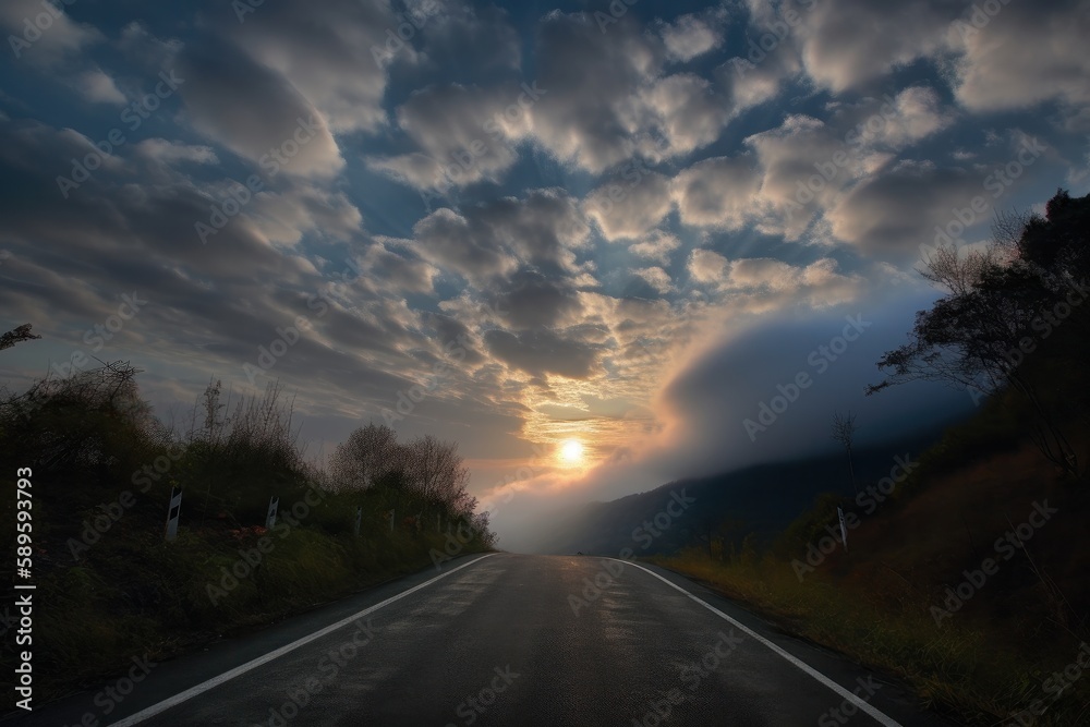 Dramatic sunset over the road, Generative Ai