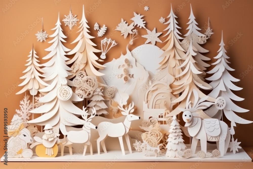 Christmas decoration. Christmas tree, deer, snowflakes and other elements, Generative Ai