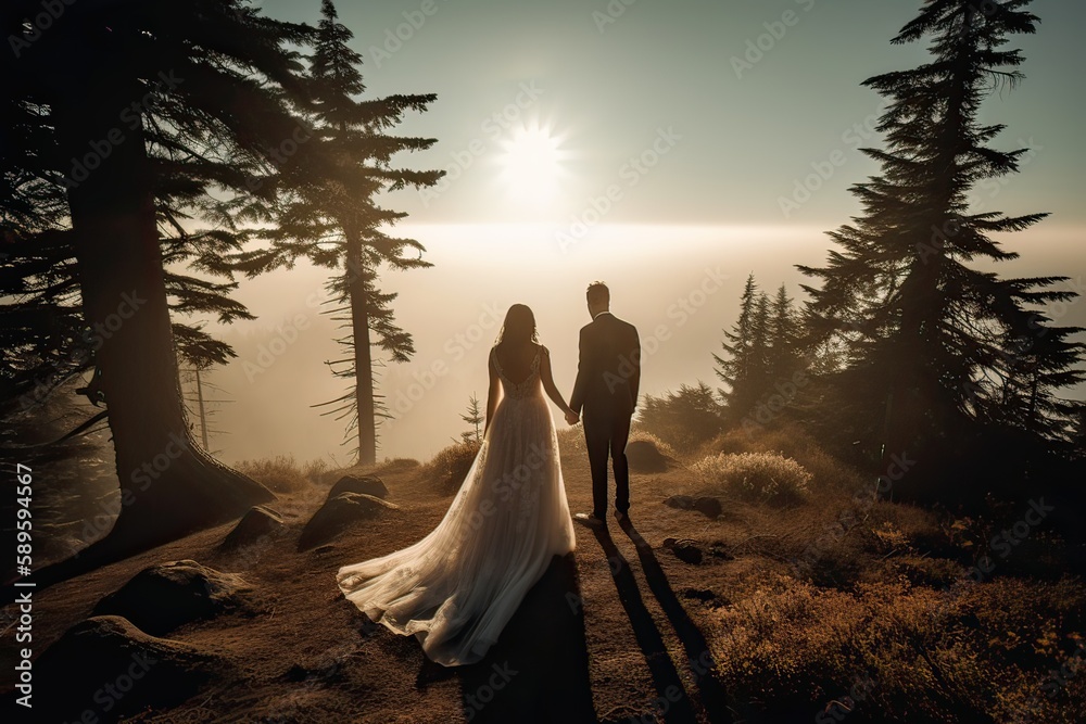 Wedding silhouette couple posing on sunset in beautiful forest at wedding day. Bride and groom in love. Non-existent person. Generative Ai. - obrazy, fototapety, plakaty 