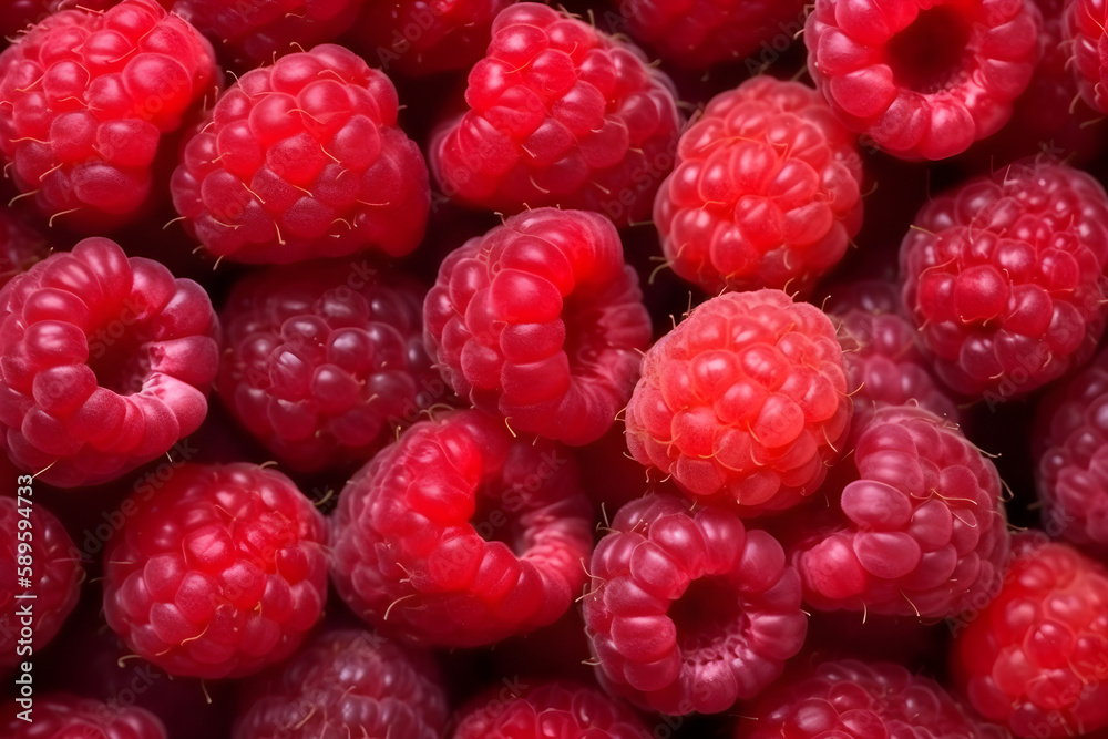 Background of fresh raspberries. Close-up. View from above. Generative AI. Background of fresh raspberries. Close-up. View from above. Generative AI.