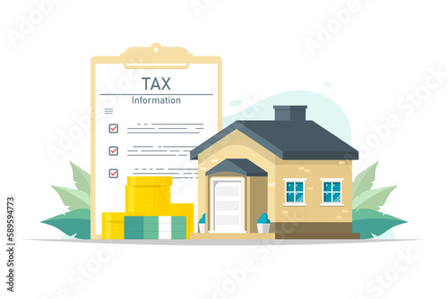 House tax concept, Residential house with tax documents, Vector illustration.