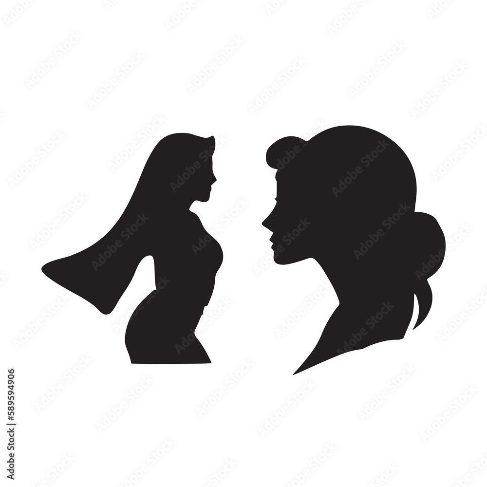 Two girls face to face silhouette vector art.