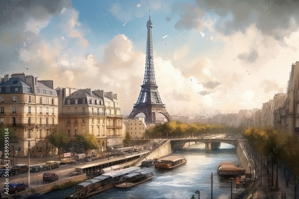 Fototapeta premium Paris, France. Eiffel Tower and Seine River in the morning, style of digital fantasy landscapes, concept art, Illustration style, Generative Ai