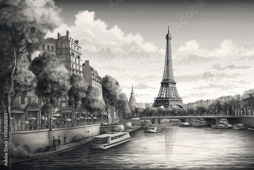 Paris panorama with Eiffel Tower and Eiffel Tower, Cinematic concept in hand sketch black and white style, Generative Ai © Angus.YW