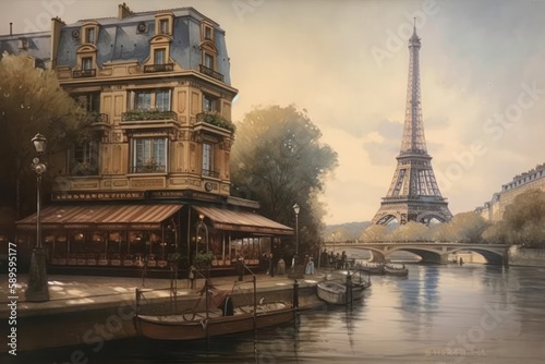 Paris cityscape with Eiffel Tower at sunset, France. Illustration and vintage style, Generative Ai © Angus.YW