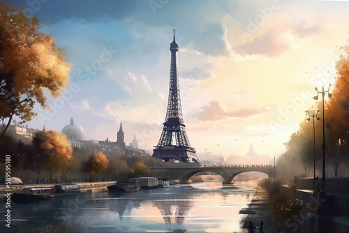 Paris  France. Eiffel Tower and Seine River in the morning  style of digital fantasy landscapes  concept art  Illustration style  Generative Ai