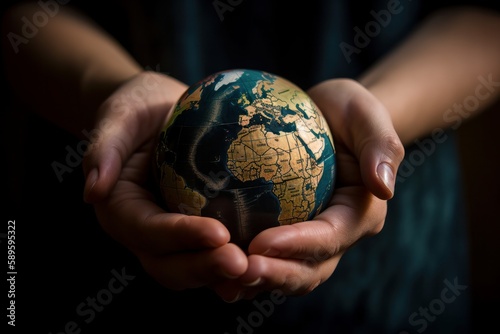 Hands holding a globe in a dark room. Earth day concept, Generative Ai