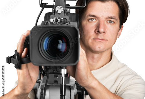 Cameraman working with camera isolated on white