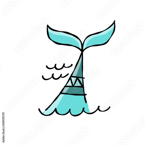 Wild whale tail. Childish style icon, turquoise colors. Isolated on white for...