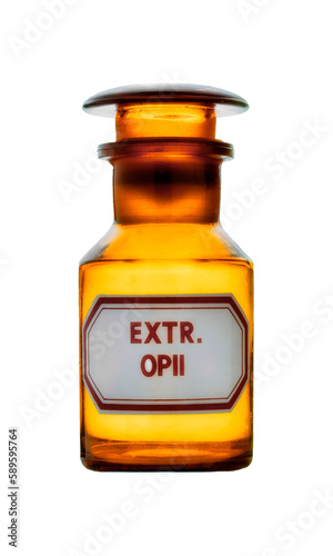 Canvas Print Old apothecary jar with the inscription Opium in latin isolated on a green backg