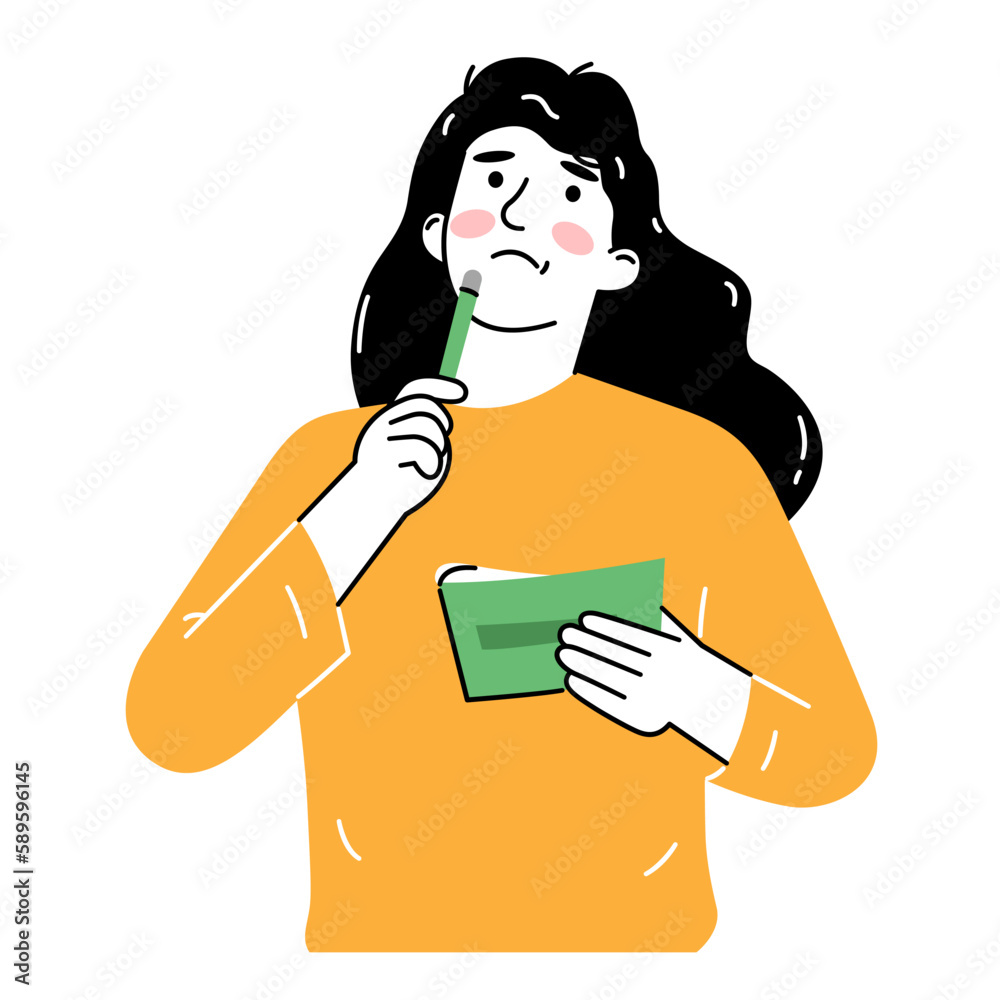 Cute young woman thinking and taking notes. concept study notebook, write a diary. Hand drawn style vector design illustration, outline, linear, thin line, doodle art. Cute young woman thinking and taking notes. concept study notebook, write a diary. Hand drawn style vector design illustration, outline, linear, thin line, doodle art.