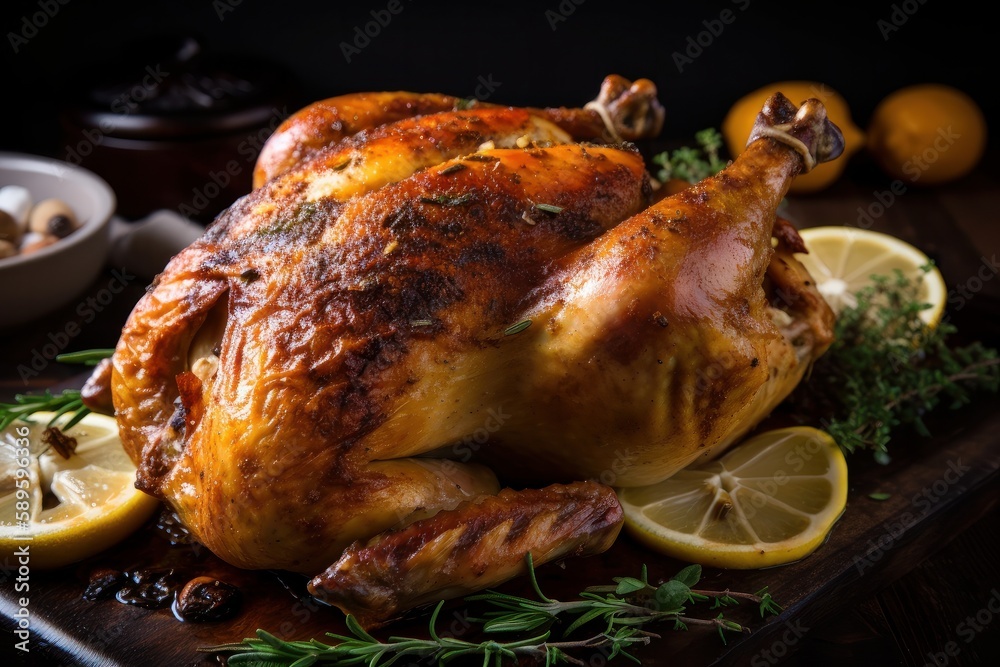 Roasted whole chicken with lemon and thyme on a wooden board, Generative Ai Roasted whole chicken with lemon and thyme on a wooden board, Generative Ai