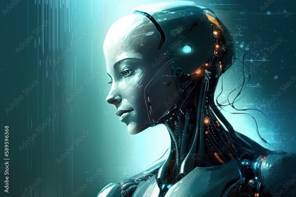 3d rendering of female cyborg with digital circuit board on background, Generative Ai 3d rendering of female cyborg with digital circuit board on background, Generative Ai