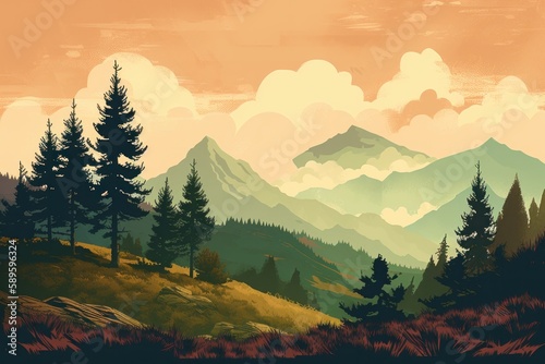 Mountain landscape with coniferous forest and high peaks. Digital illustration., Generative Ai