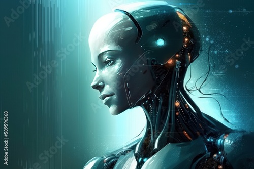 3d rendering of female cyborg with digital circuit board on background, Generative Ai