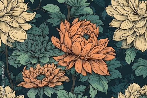 Seamless pattern with dahlia flowers, Generative Ai