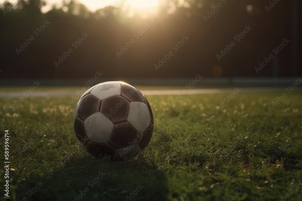 Soccer ball on green grass at sunset time. Vintage tone, Generative Ai