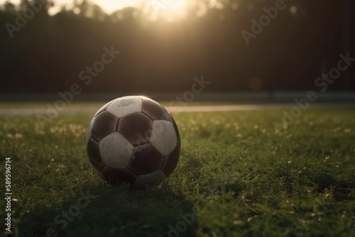 Soccer ball on green grass at sunset time. Vintage tone  Generative Ai