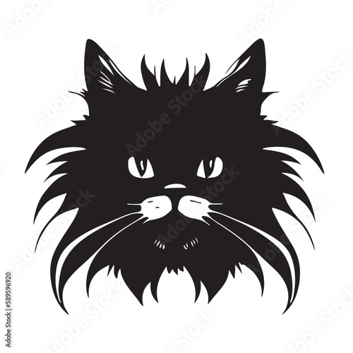 Shaggy cat head sketch closeup. Also good for tattoo. Editable vector monochrome image with high details isolated on white background