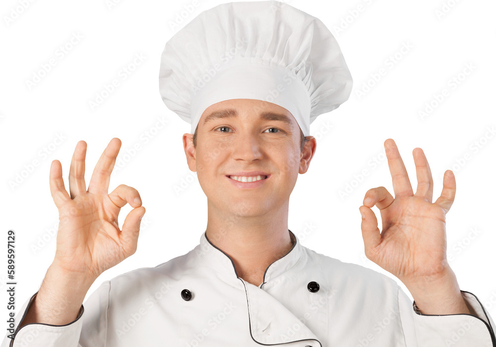 Professional chef in white hat with perfect sign Professional chef in white hat with perfect sign