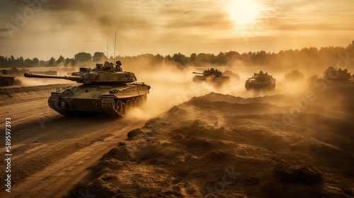 Tanks driving over rough terrain through dust clouds, close-up, warm tones. Generated AI.