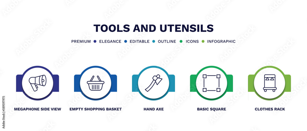 set of tools and utensils thin line icons. tools and utensils outline icons with infographic template. linear icons such as megaphone side view, empty shopping basket, hand axe, basic square,