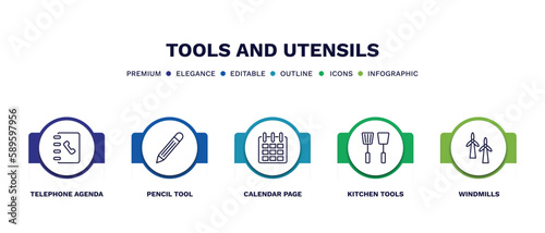 set of tools and utensils thin line icons. tools and utensils outline icons with infographic template. linear icons such as telephone agenda, pencil tool, calendar page, kitchen tools, windmills