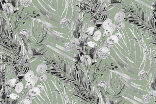 Monochrome watercolor seamless pattern with herbarium of flowers and tropical palm leaves for textile