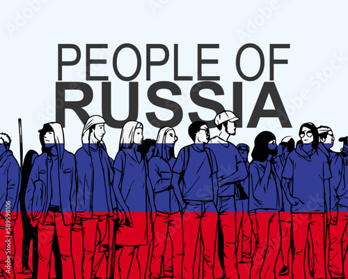 People of Russia with flag, silhouette of many people, gathering idea