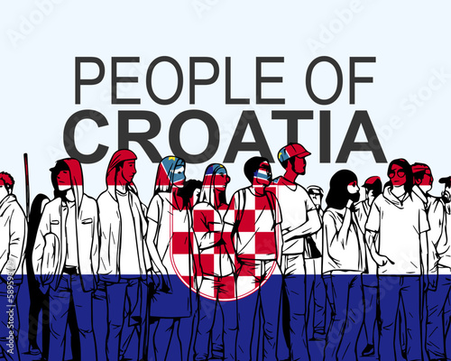 People of Croatia with flag, silhouette of many people, gathering idea