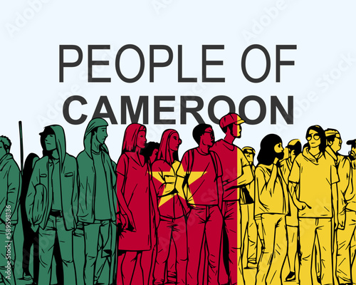 People of Cameroon with flag, silhouette of many people, gathering idea