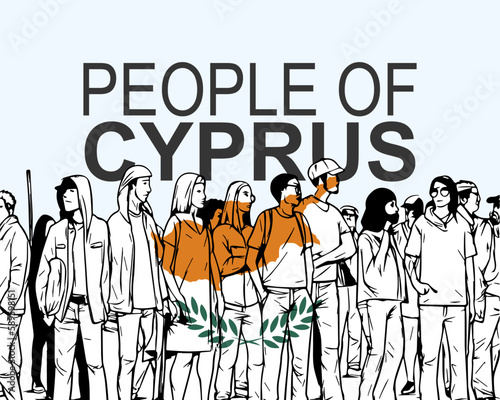 People of Cyprus with flag, silhouette of many people, gathering idea