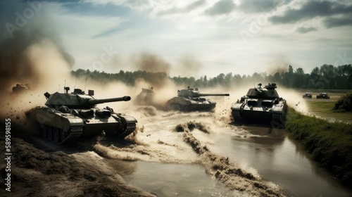 A group of tanks driving across rough terrain, dramatic lighting. Generative AI.