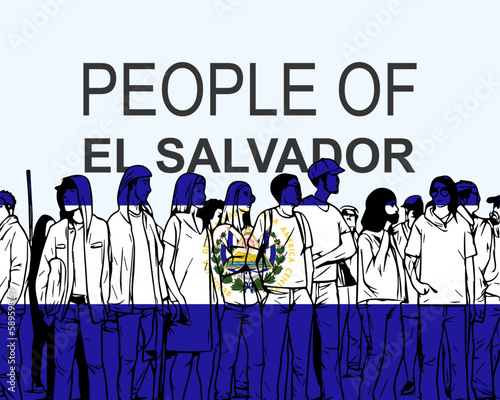 People of El Salvador with flag, silhouette of many people, gathering idea