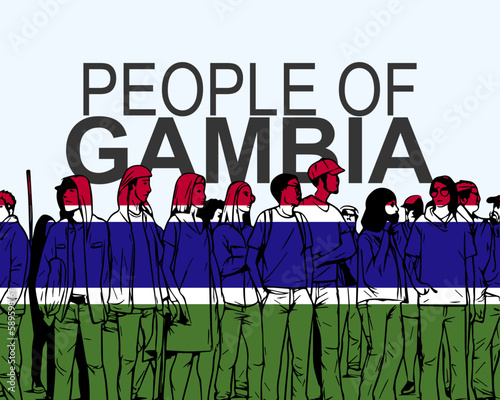 People of Gambia with flag, silhouette of many people, gathering idea