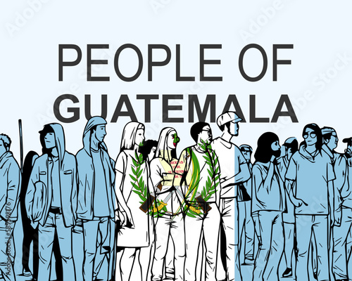 People of Guatemala with flag, silhouette of many people, gathering idea