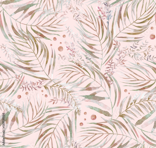 Seamless watercolor botanical pattern with tropical palm leaves in boho style for textile 