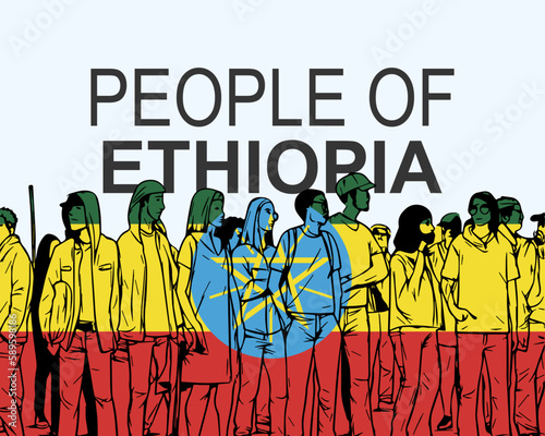 People of Ethiopia with flag, silhouette of many people, gathering idea