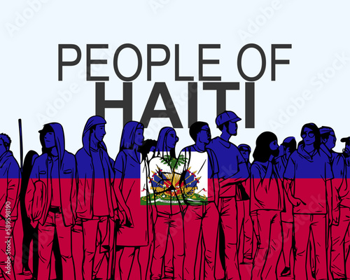 People of Haiti with flag, silhouette of many people, gathering idea