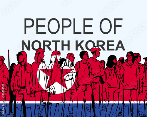 People of North Korea with flag, silhouette of many people, gathering idea