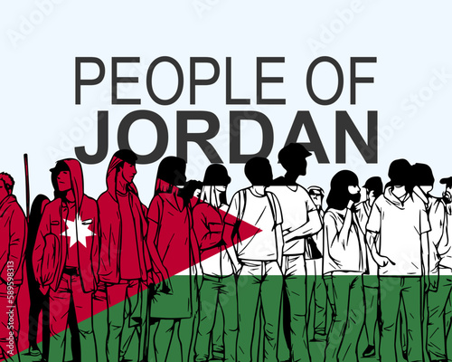 People of Jordan with flag, silhouette of many people, gathering idea