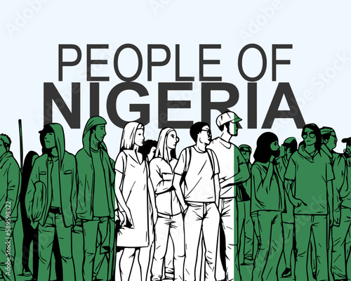 People of Nigeria with flag, silhouette of many people, gathering idea