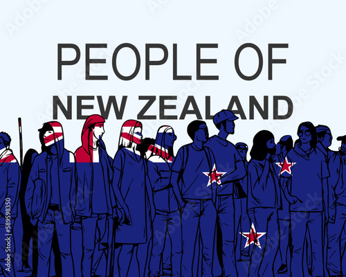 People of New Zealand with flag, silhouette of many people, gathering idea