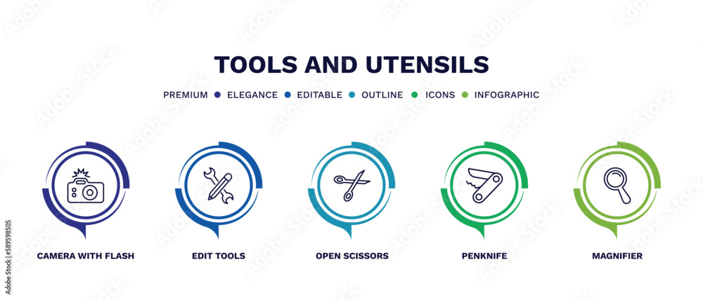 set of tools and utensils thin line icons. tools and utensils outline icons with infographic template. linear icons such as camera with flash, edit tools, open scissors, penknife, magnifier vector.