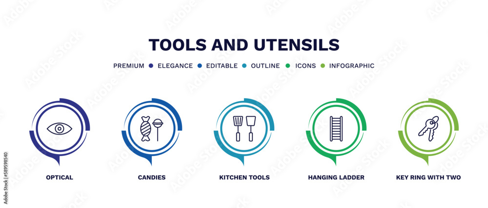 set of tools and utensils thin line icons. tools and utensils outline icons with infographic template. linear icons such as optical, candies, kitchen tools, hanging ladder, key ring with two keys set of tools and utensils thin line icons. tools and utensils outline icons with infographic template. linear icons such as optical, candies, kitchen tools, hanging ladder, key ring with two keys