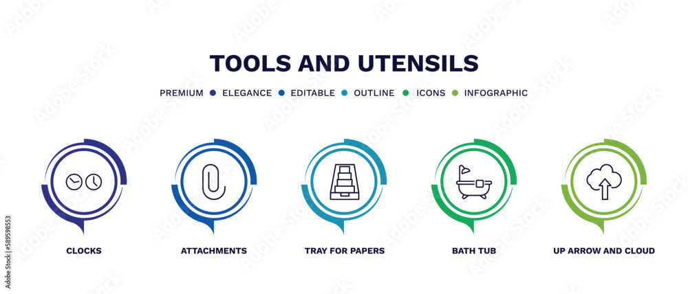 set of tools and utensils thin line icons. tools and utensils outline icons with infographic template. linear icons such as clocks, attachments, tray for papers, bath tub, up arrow and cloud vector. set of tools and utensils thin line icons. tools and utensils outline icons with infographic template. linear icons such as clocks, attachments, tray for papers, bath tub, up arrow and cloud vector.