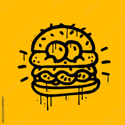 Burger character with funny face in urban graffiti style, street art element for t-shirt, sticker, or apparel merchandise. Textured hand drawn vector illustration in modern and 90s retro style.